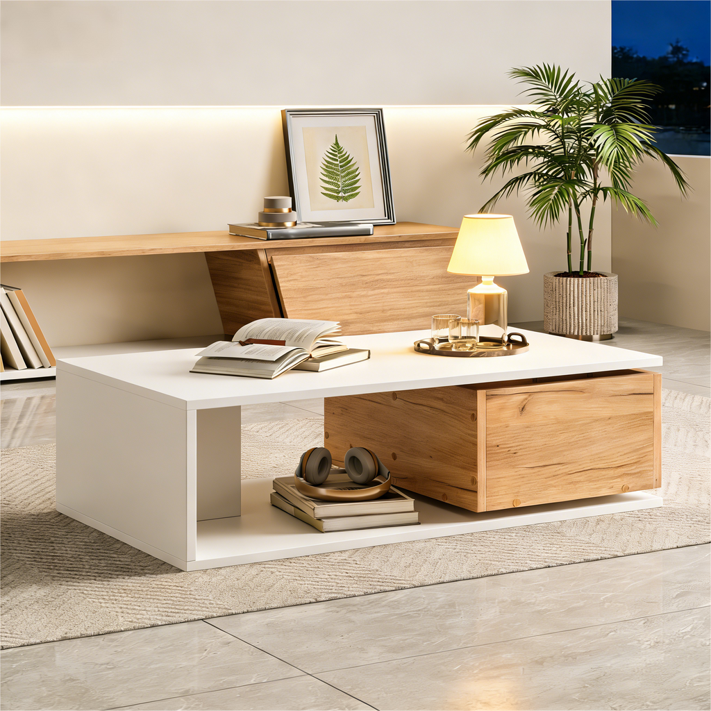 360° Rotating Coffee Table with Hidden Drawer – High Gloss White/Wood 90×50×30cm