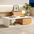 360° Rotating Coffee Table with Hidden Drawer – High Gloss White/Wood 90×50×30cm