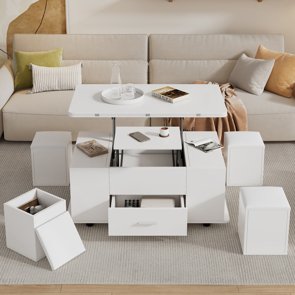Lift Top Coffee Table with 4 Stools & Storage – White (Convertible)