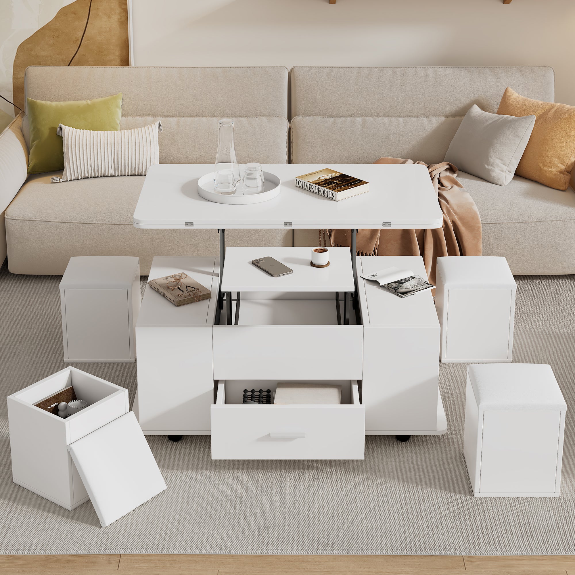 Lift Top Coffee Table with 4 Stools & Storage – White (Convertible)
