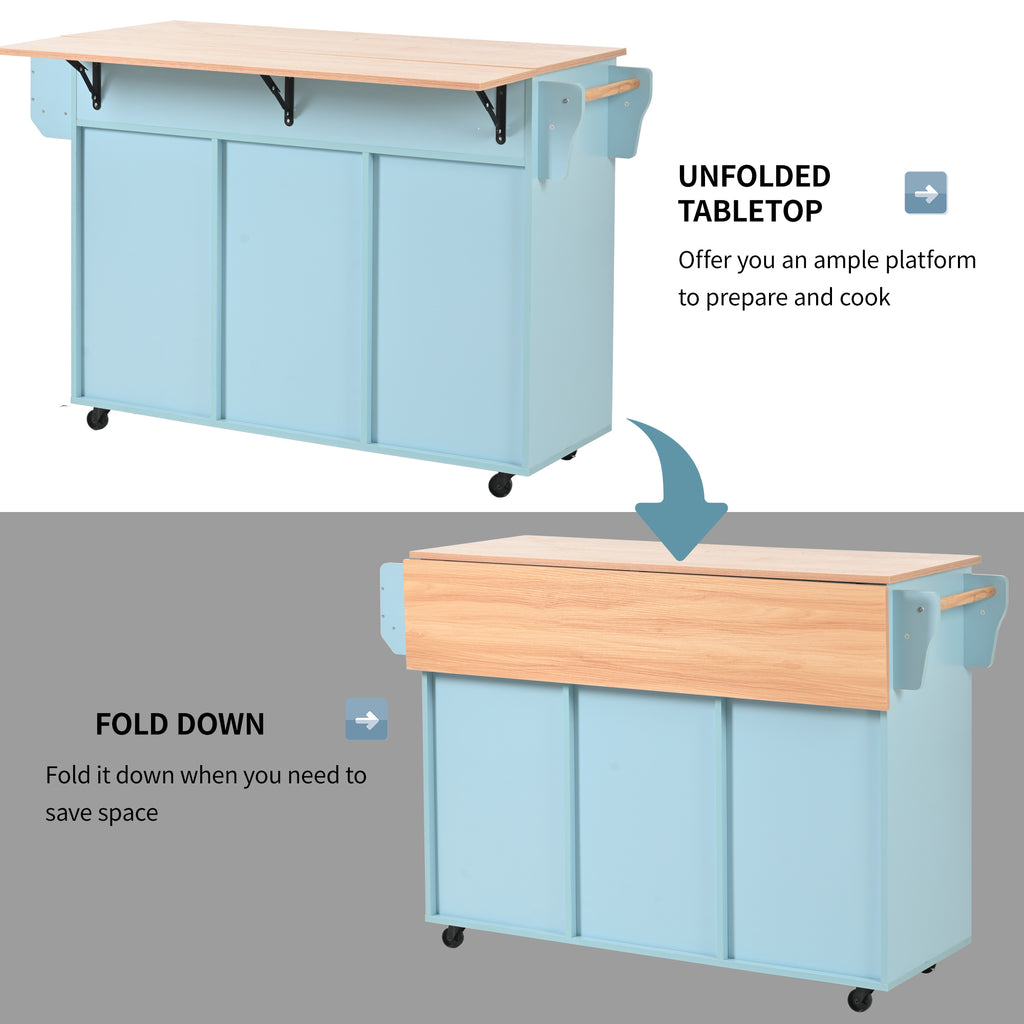 Rolling Kitchen Island 139cm with Drop‑Leaf & 3 Drawers – Blue/White