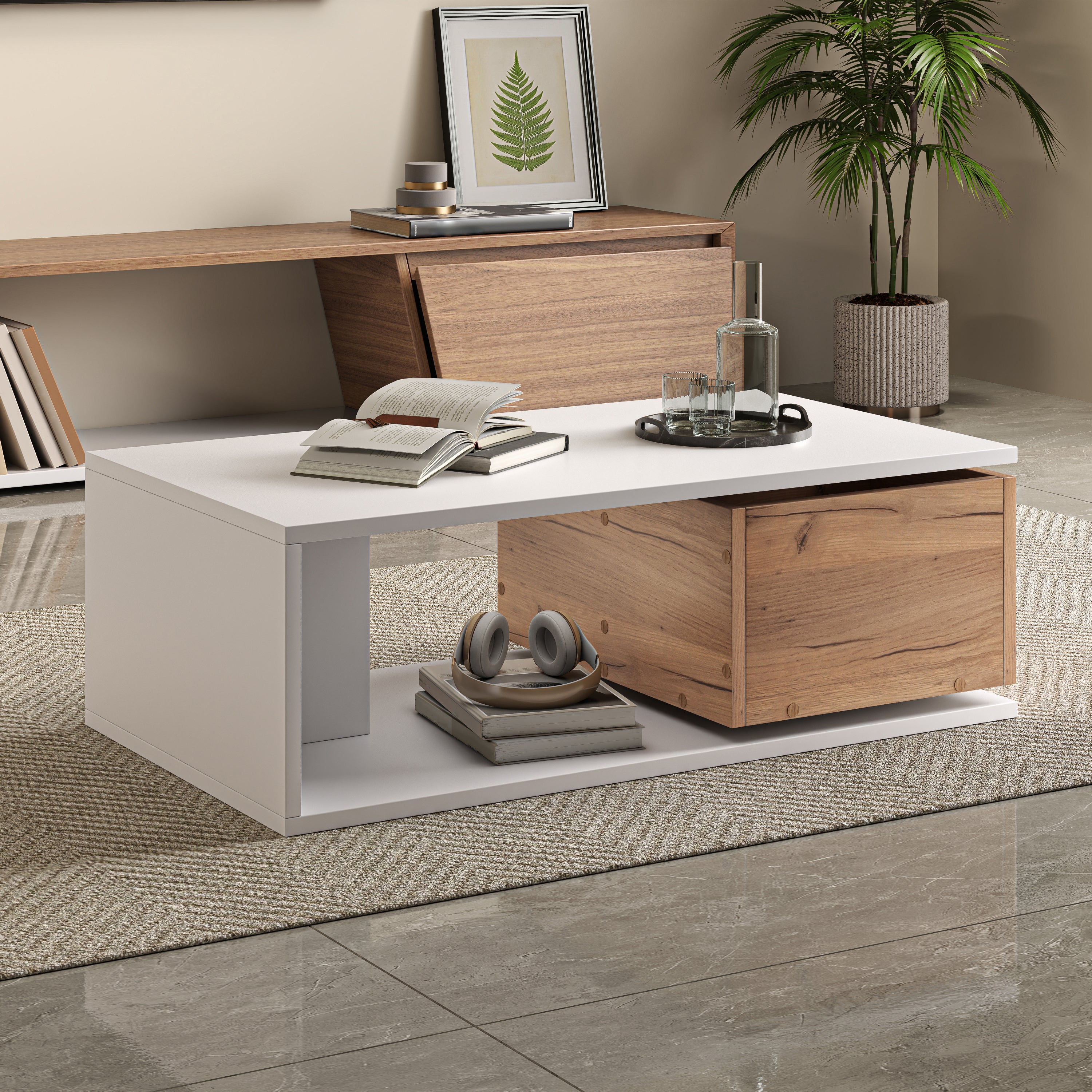 360° Rotating Coffee Table with Hidden Drawer – High Gloss White/Wood 90×50×30cm