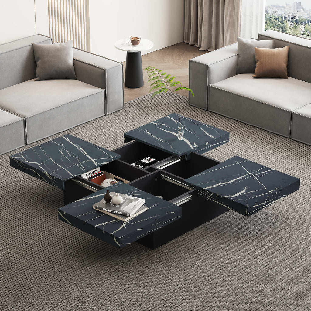 Modern Black Marble Square Coffee Table with 4 Drawers – 90x90cm