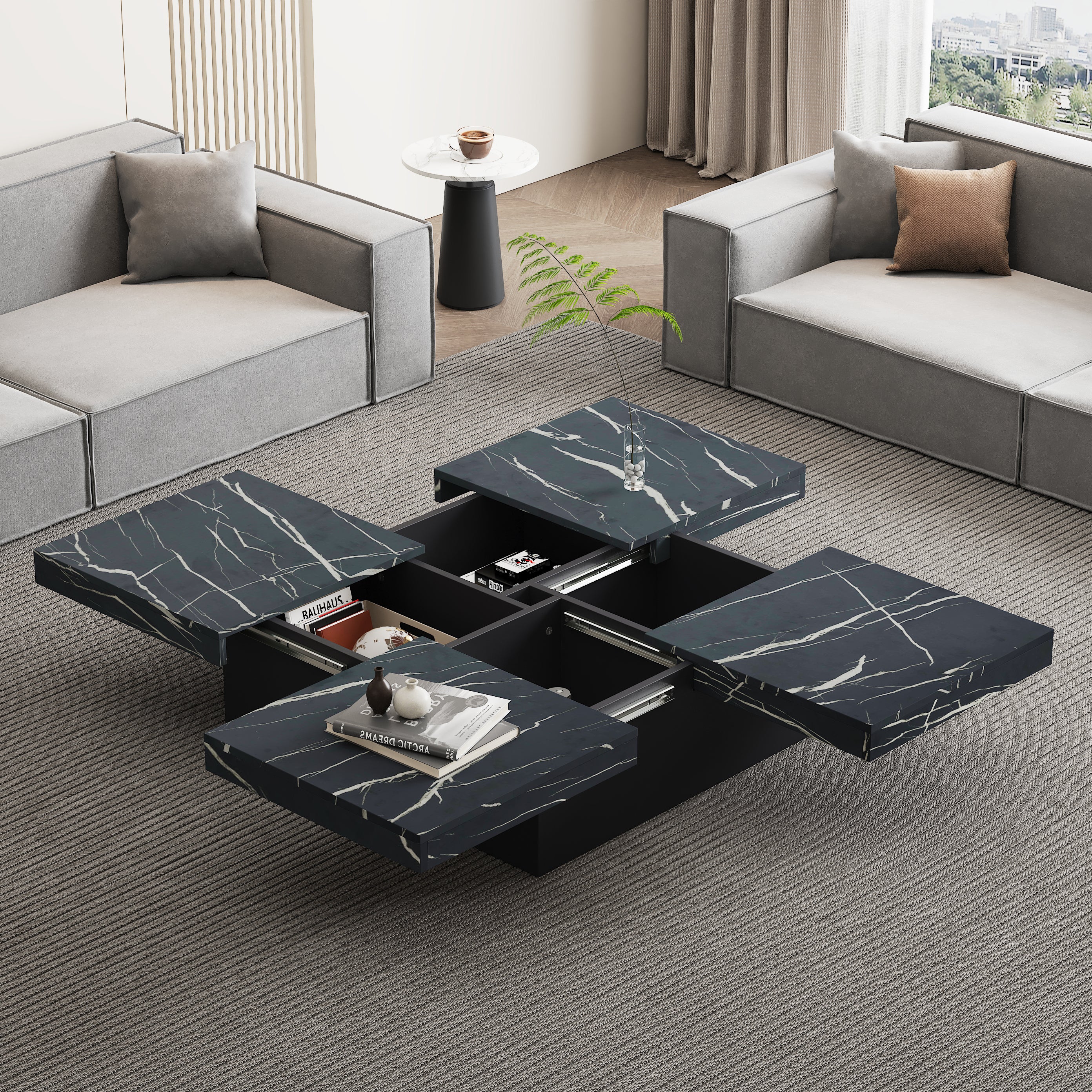 Modern Black Marble Square Coffee Table with 4 Drawers – 90x90cm