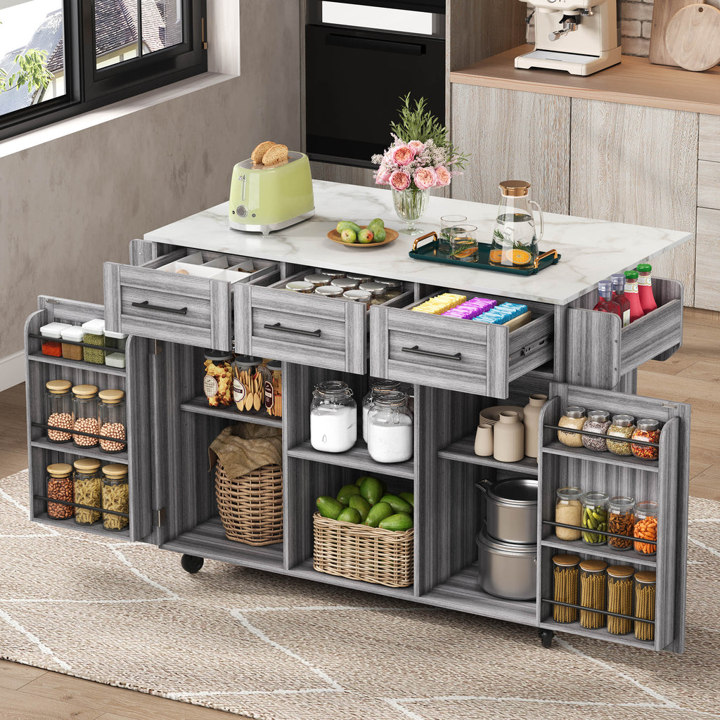 Rolling Kitchen Island with Drop‑Leaf & 3 Drawers – Grey/White 139×46/71×91.5cm