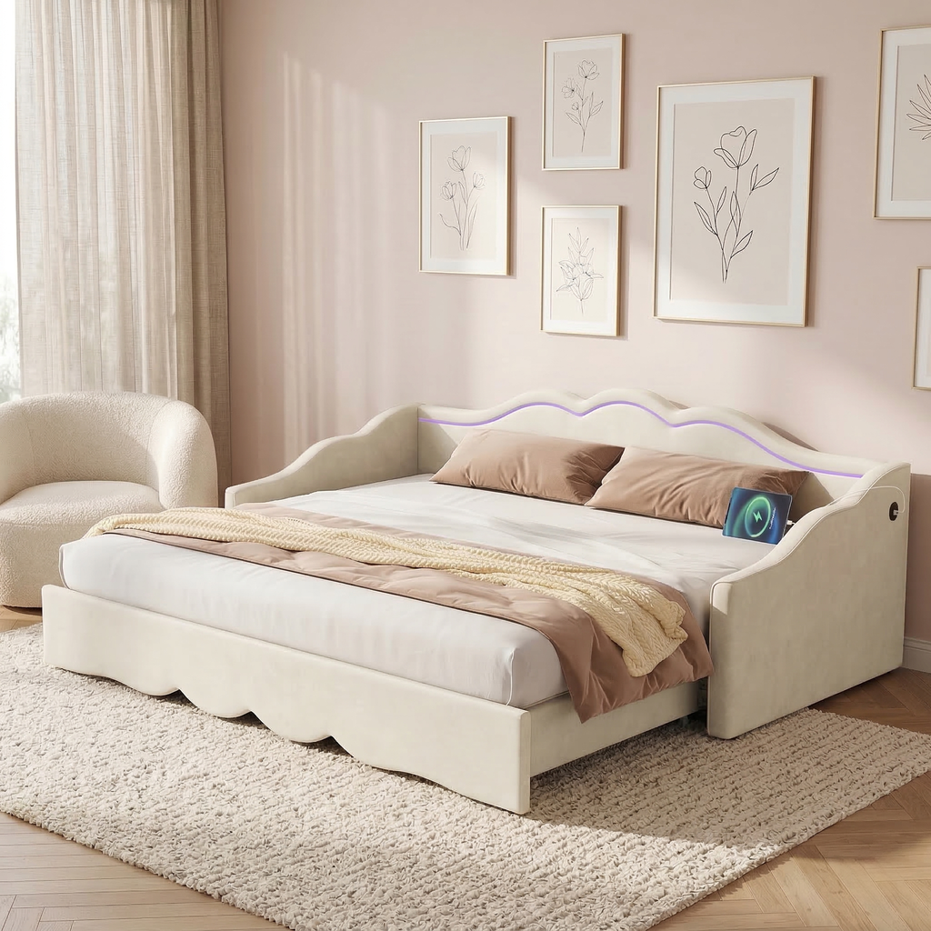 Extendable Velvet Sofa Bed – Single to Double (90→180cm) with LED Lights & USB, Beige