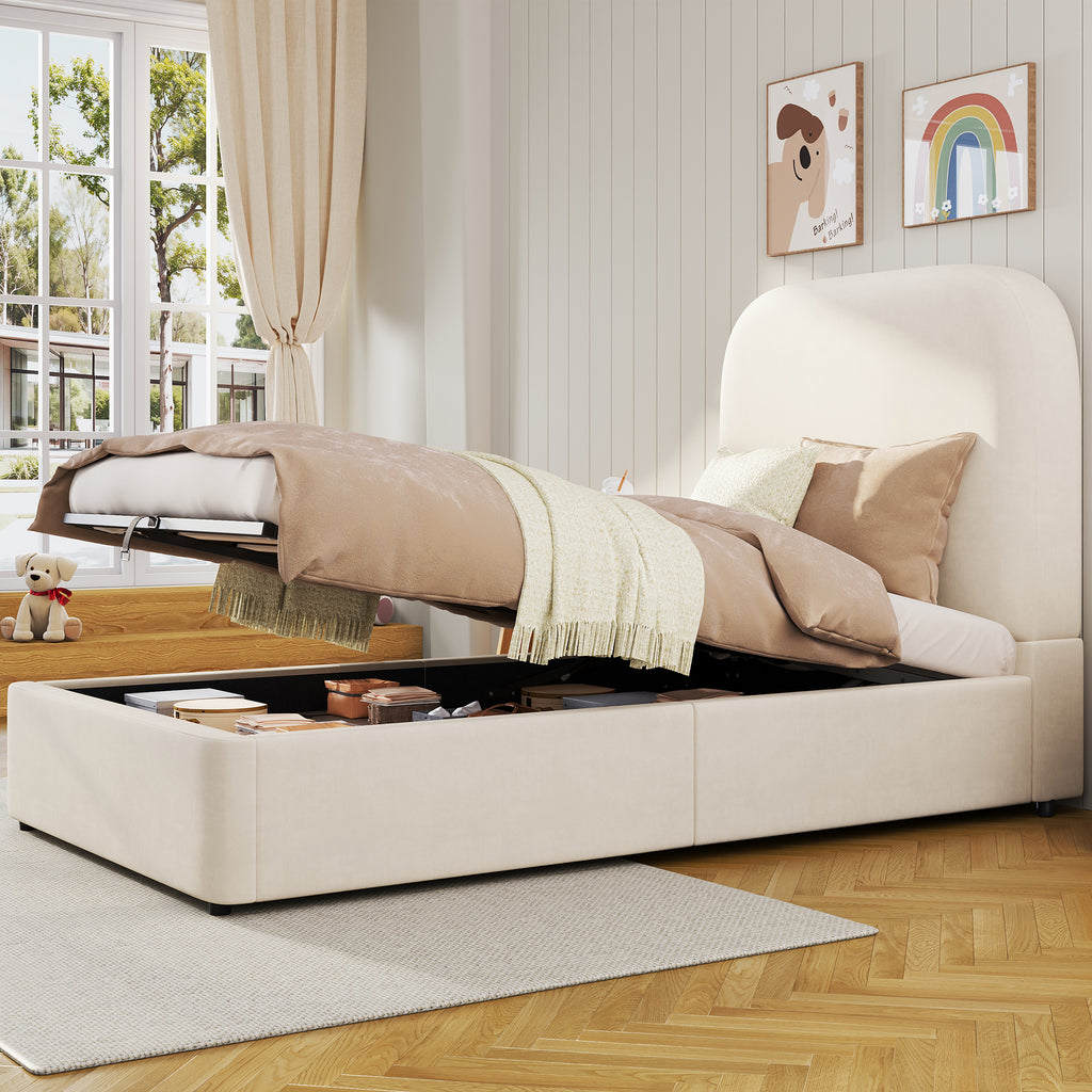 Velvet Upholstered Single Bed Frame – 3ft Hydraulic Storage, Beige Headboard