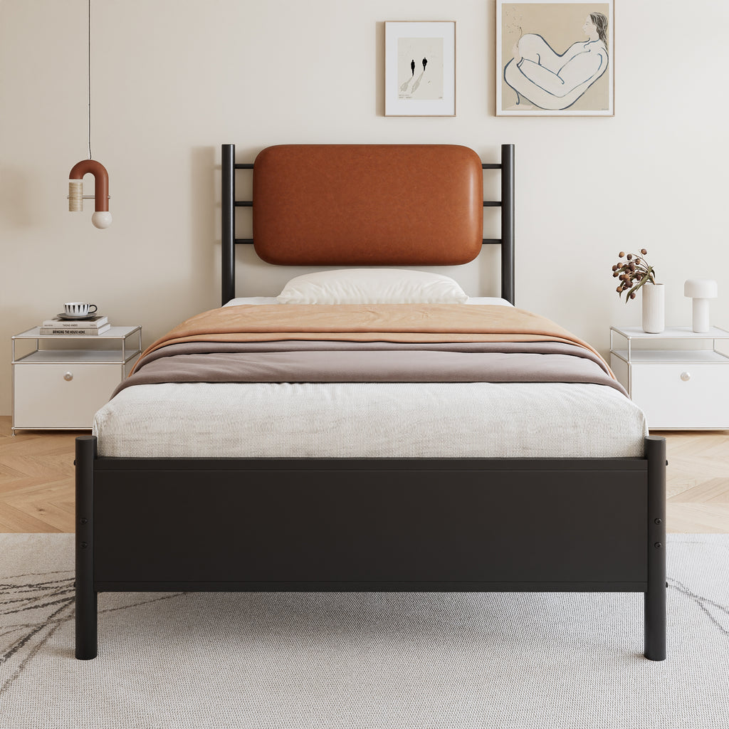3ft Single Metal Bed Frame with PU Headboard – Black, 90×190cm