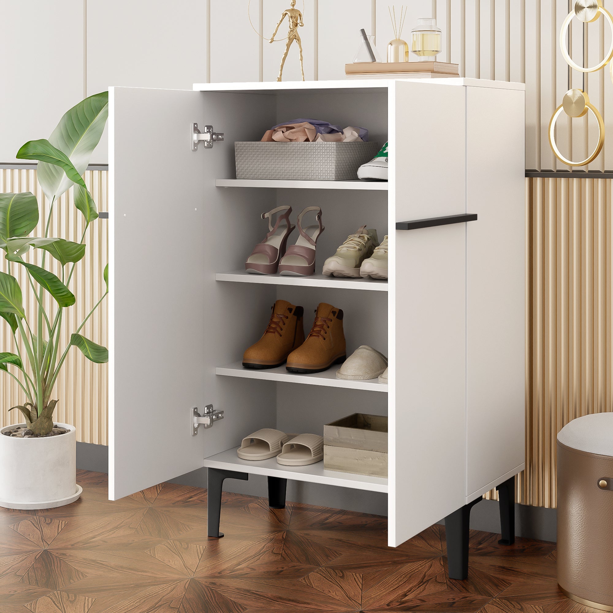 Modern Shoe Cabinet with Double Doors – Adjustable Shelves, White/Black