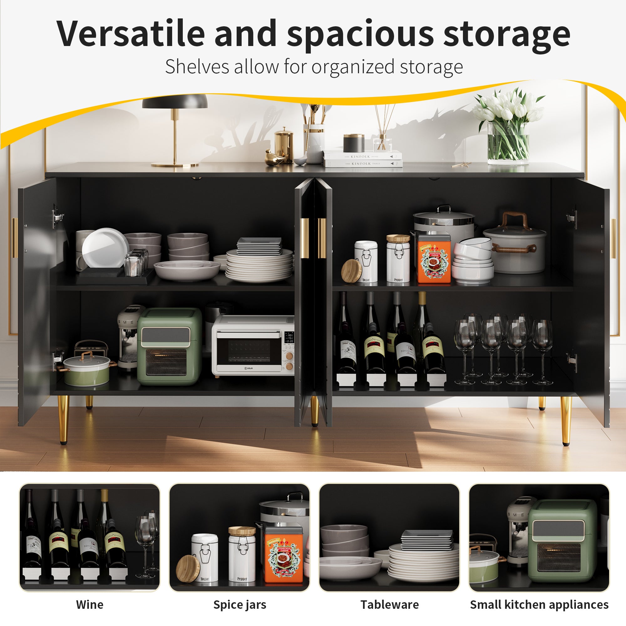 Black Wave Sideboard with Gold Handles – 152x75cm Elegant Storage