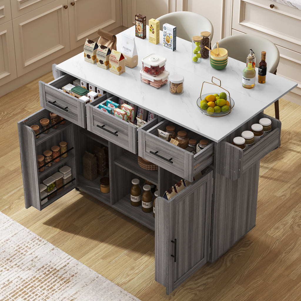 Rolling Kitchen Island with Drop‑Leaf & 3 Drawers – Grey/White 139×46/71×91.5cm