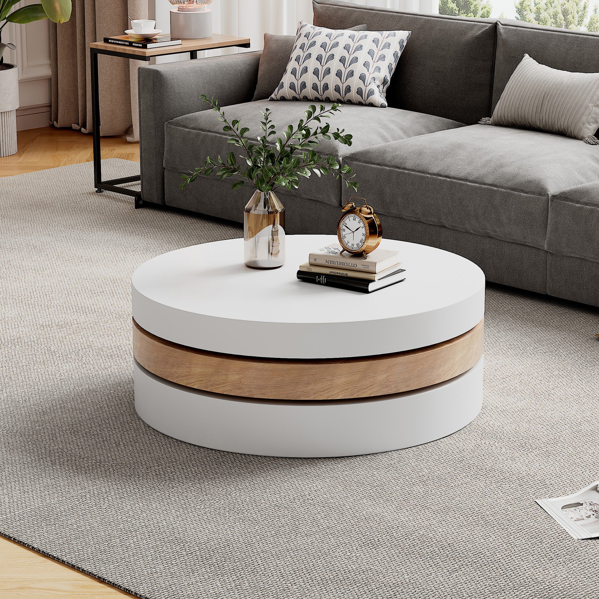 Round 360° Rotating Coffee Table – 3‑Layer Hidden Storage, White/Wood 60×60×35cm