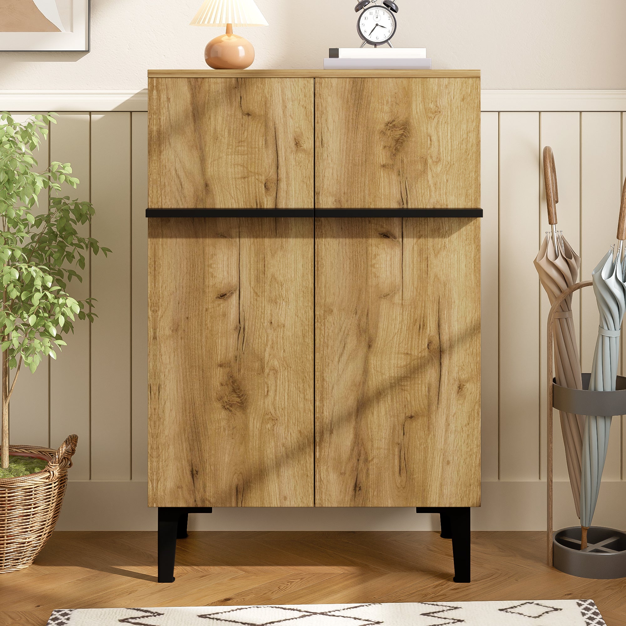 Modern Shoe Cabinet with Double Doors – Adjustable Shelves, Black/Wood