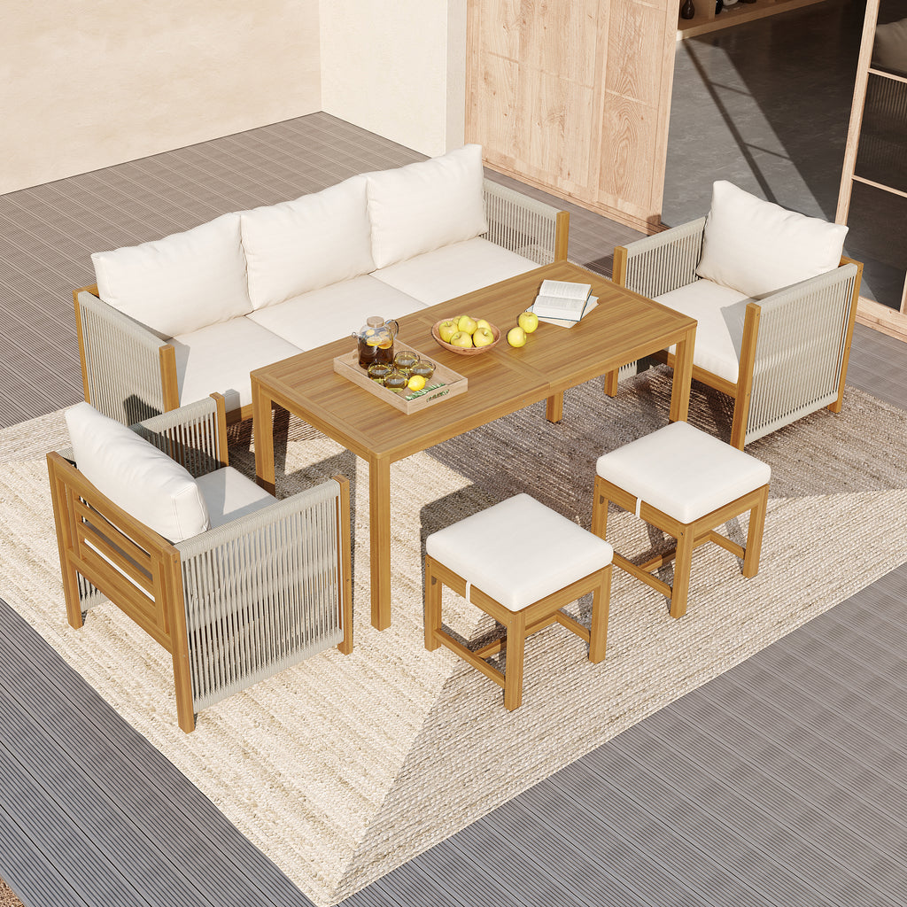 7‑Seater Acacia Wood Garden Lounge Set – Rope Weave Outdoor Patio Furniture, Beige