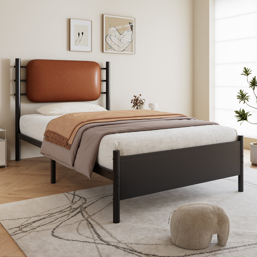 3ft Single Metal Bed Frame with PU Headboard – Black, 90×190cm
