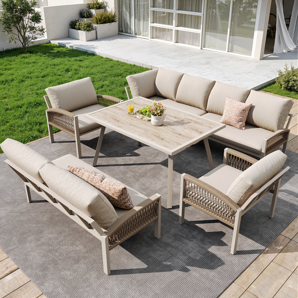 8‑Seater Rope Weave Garden Lounge Set – Galvanized Iron Frame + Wood Grain Table, Beige