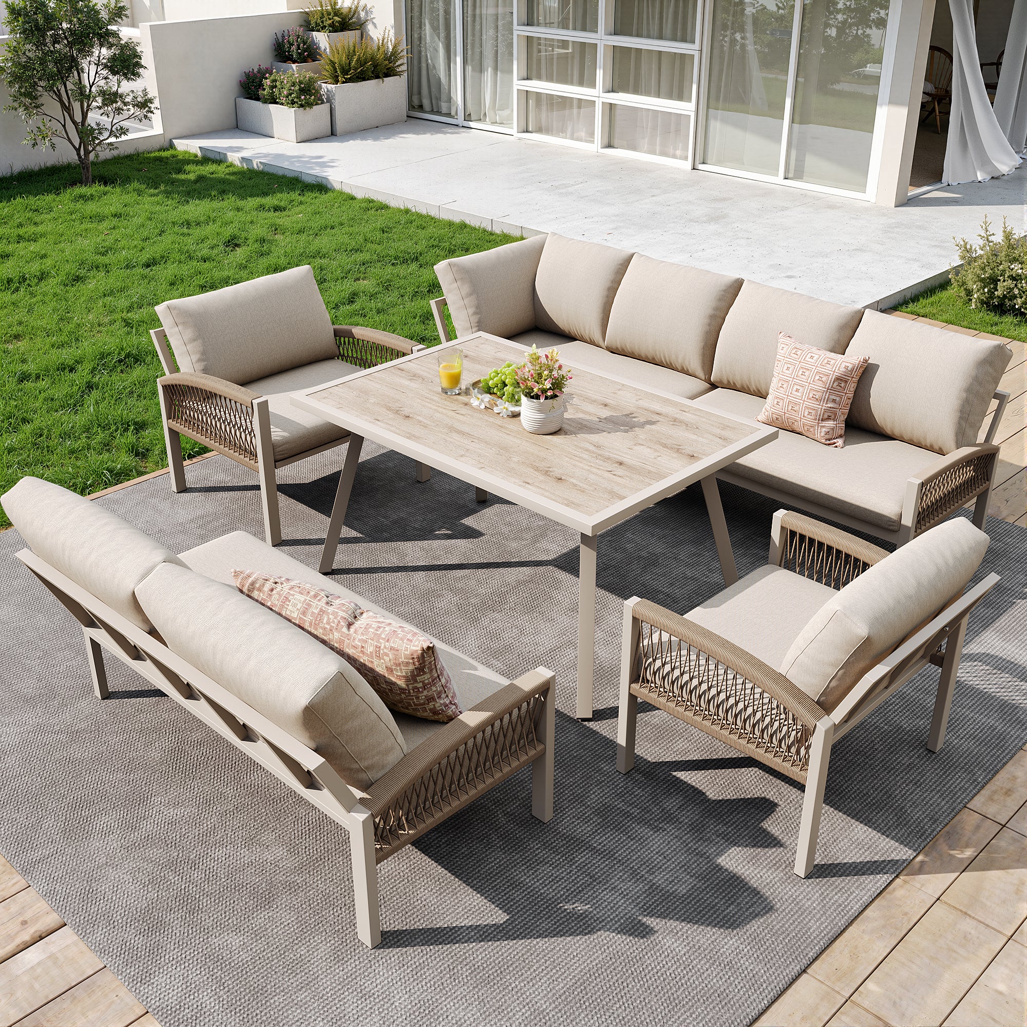 8‑Seater Rope Weave Garden Lounge Set – Galvanized Iron Frame + Wood Grain Table, Beige