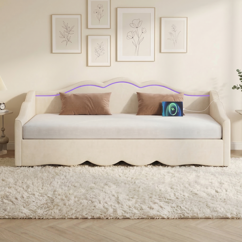 Extendable Velvet Sofa Bed – Single to Double (90→180cm) with LED Lights & USB, Beige