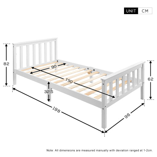 3ft Single Pine Wood Bed Frame – Solid Slats, White Finish (90×190cm)