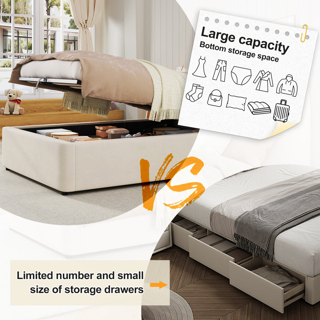 Velvet Upholstered Single Bed Frame – 3ft Hydraulic Storage, Beige Headboard