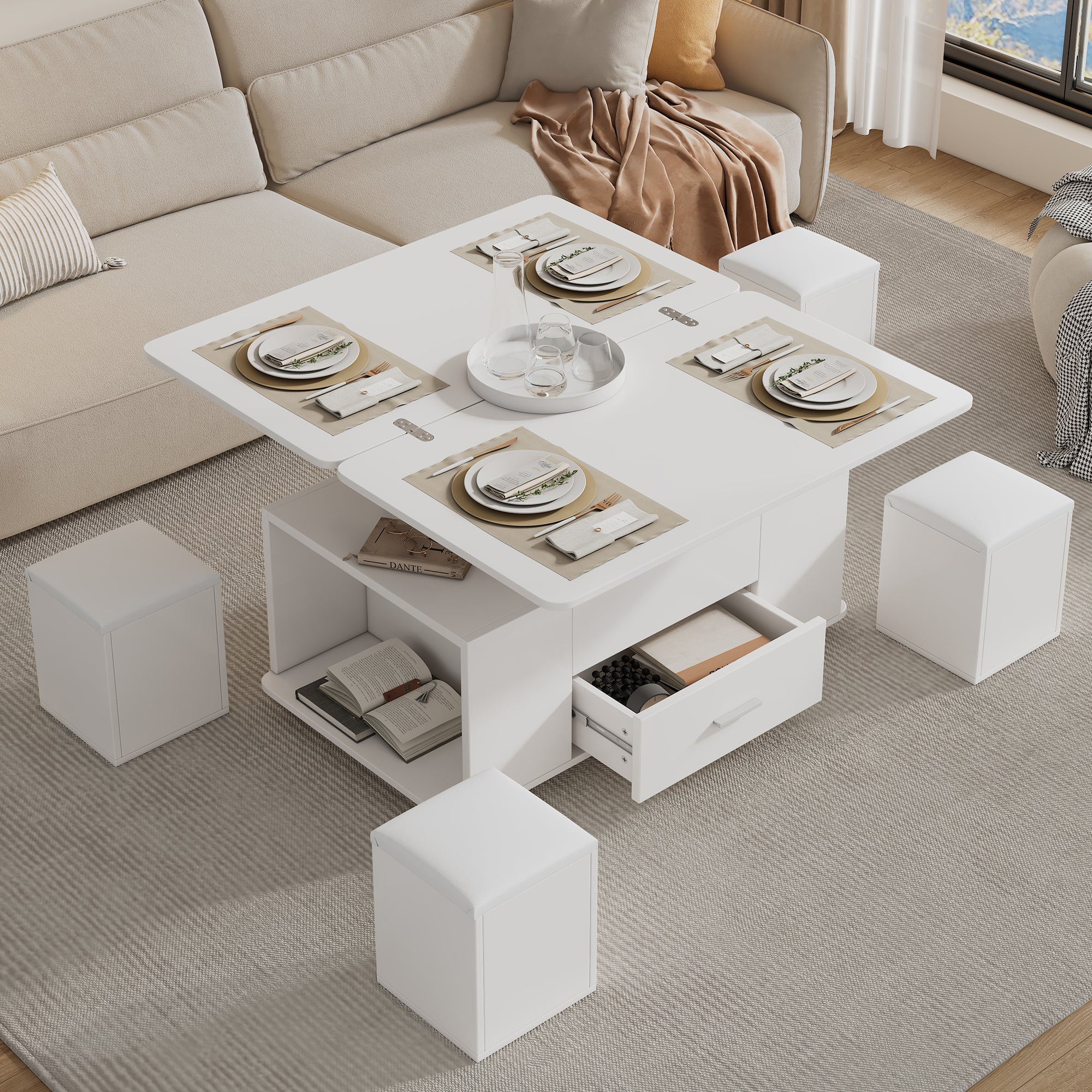 Lift Top Coffee Table with 4 Stools & Storage – White (Convertible)