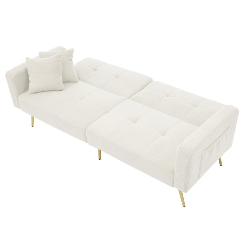 Sherpa 2‑Seater Sofa Bed with 3‑Angle Adjustable Backrest, Gold‑Tone Legs + Side Storage Pockets (Beige/White/Green)