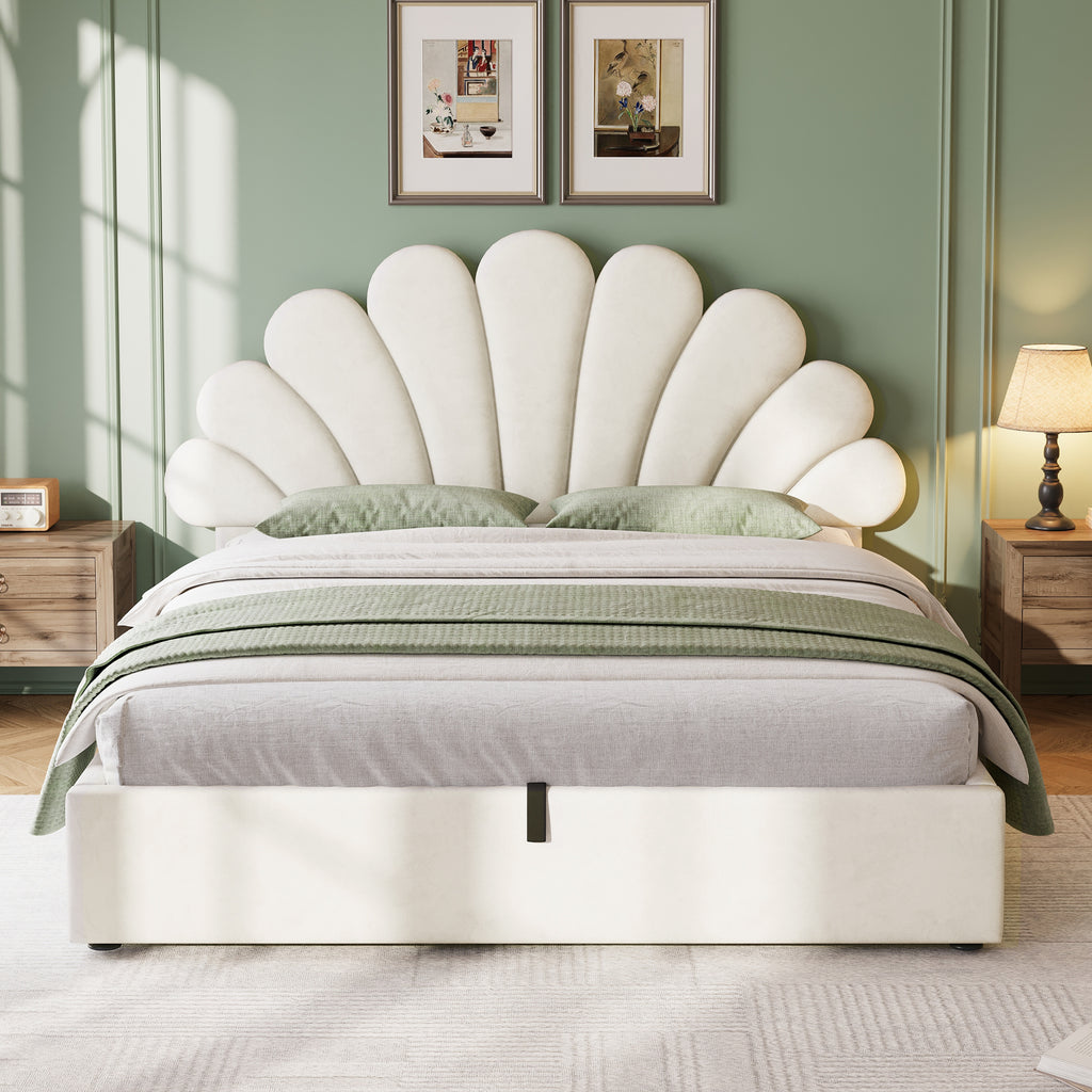 4ft6 Velvet Petal Bed Frame – Hydraulic Storage + Adjustable Headboard, Beige