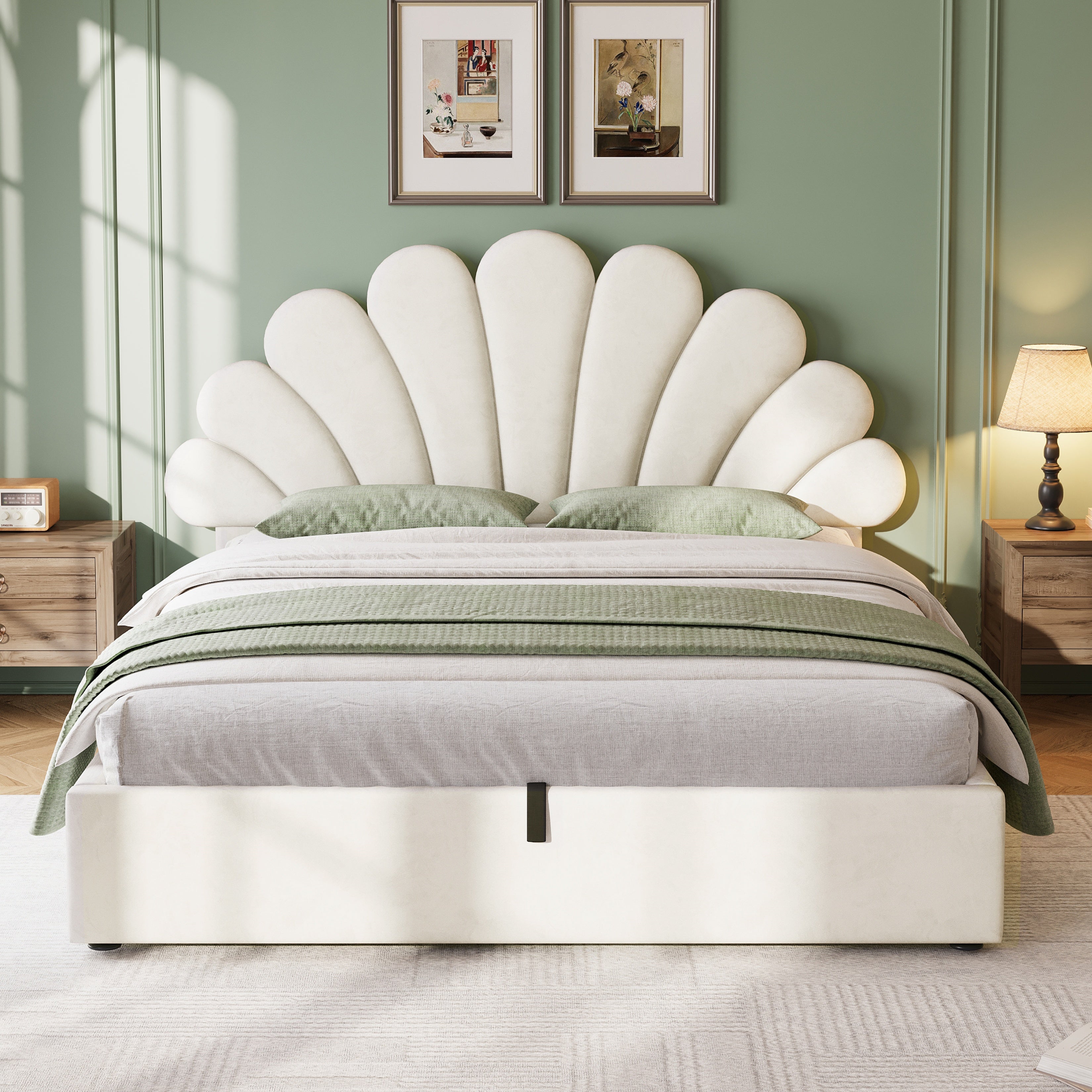 4ft6 Velvet Petal Bed Frame – Hydraulic Storage + Adjustable Headboard, Beige