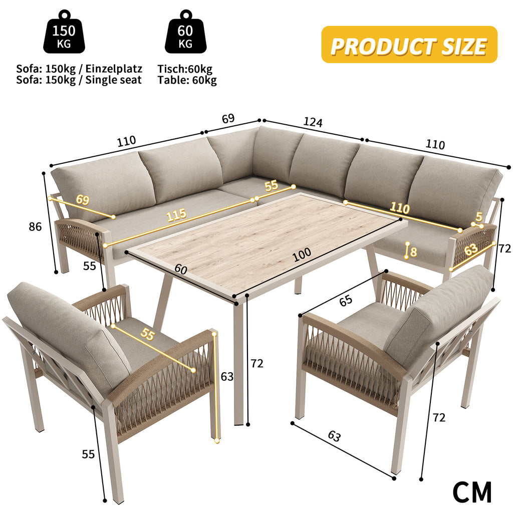 8‑Seater Rope Weave Garden Lounge Set – Galvanized Iron Frame + Wood Grain Table, Beige