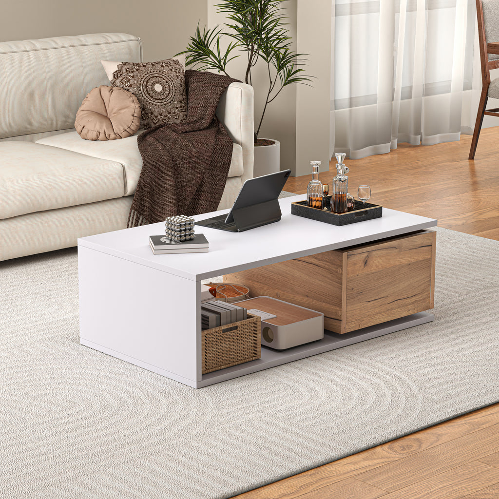 360° Rotating Coffee Table with Hidden Drawer – High Gloss White/Wood 90×50×30cm