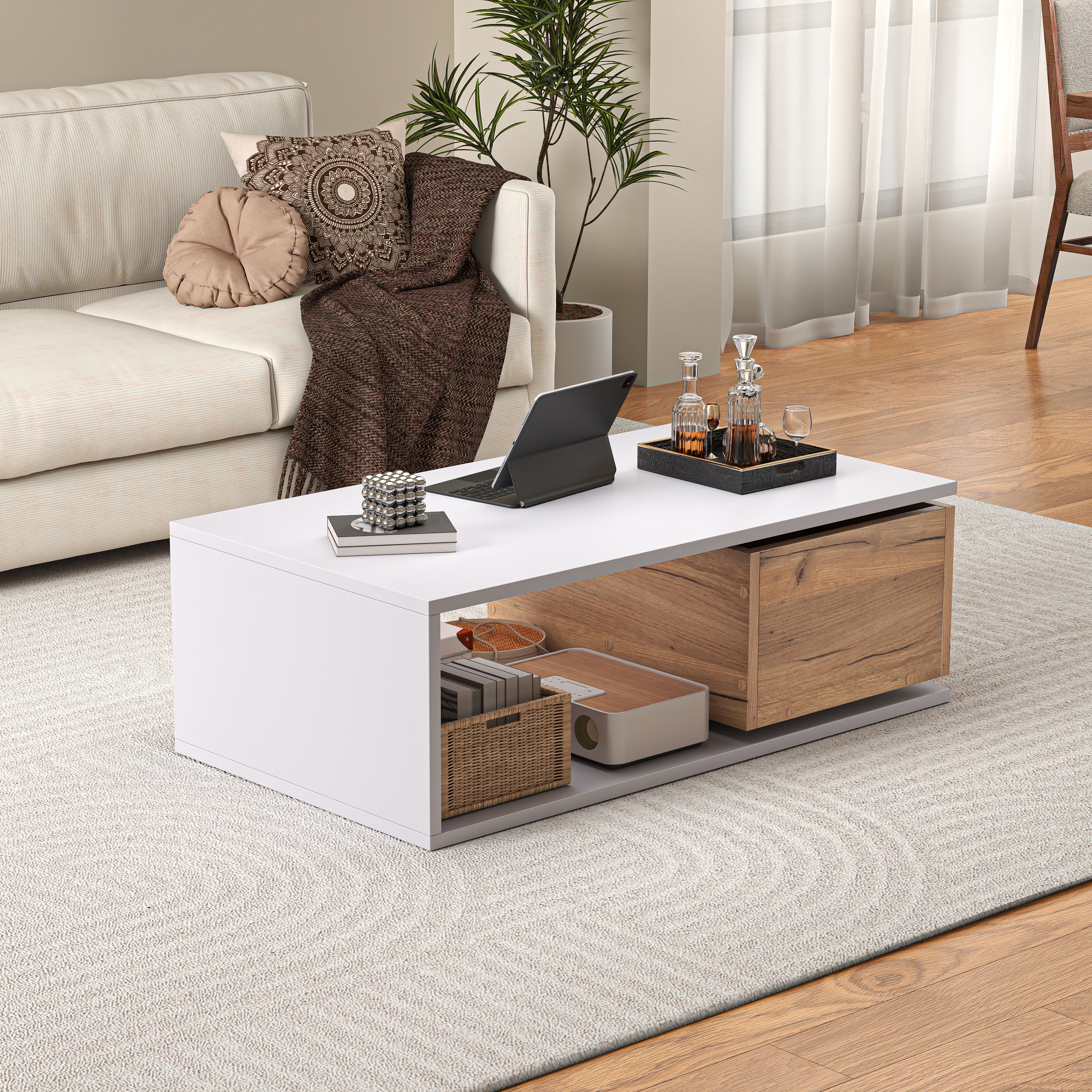 360° Rotating Coffee Table with Hidden Drawer – High Gloss White/Wood 90×50×30cm