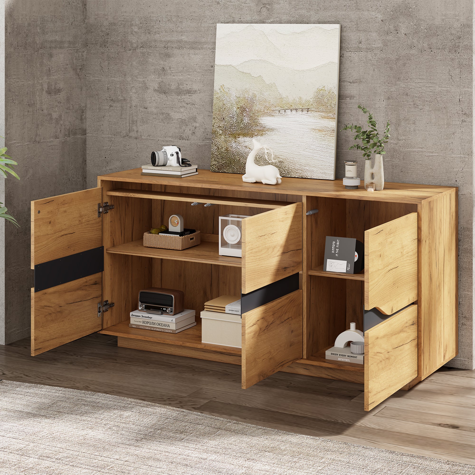 Modern Vintage 3‑Door Sideboard Cabinet – Adjustable Shelves 140×40×70cm Wood