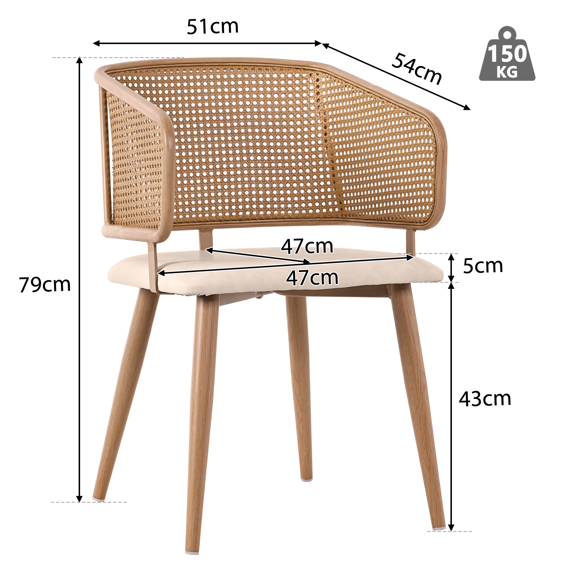Modern Dining Chairs 2 Pcs With Rattan Backrest & PU Leather Seat, Breathable And Comfortable Dining Chairs For Restaurant, Living Room, Caf , Contemporary Simple Style, Beige