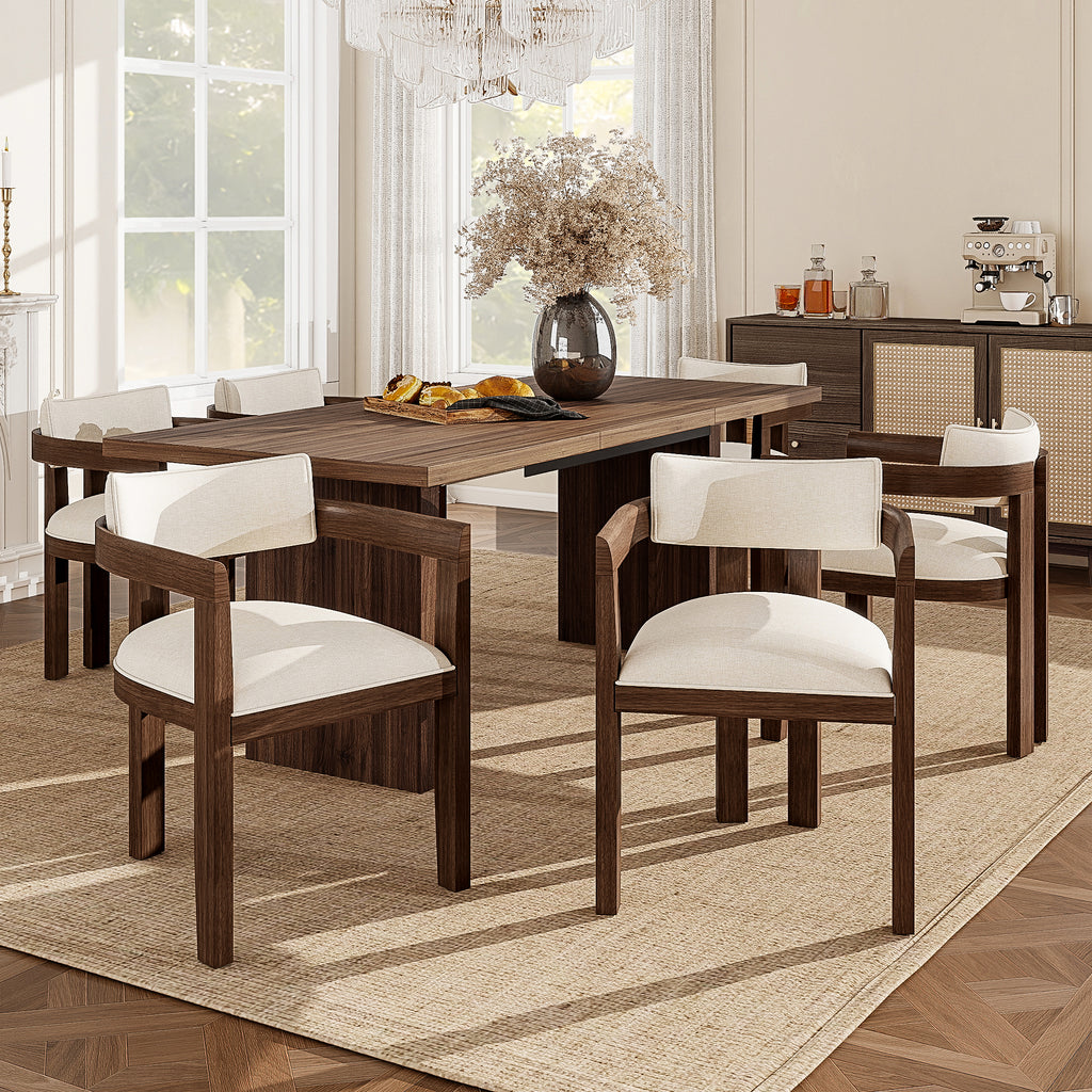 Walnut Linen Dining Chairs Set of 6 – Armrest Comfort & Solid Wood Frame