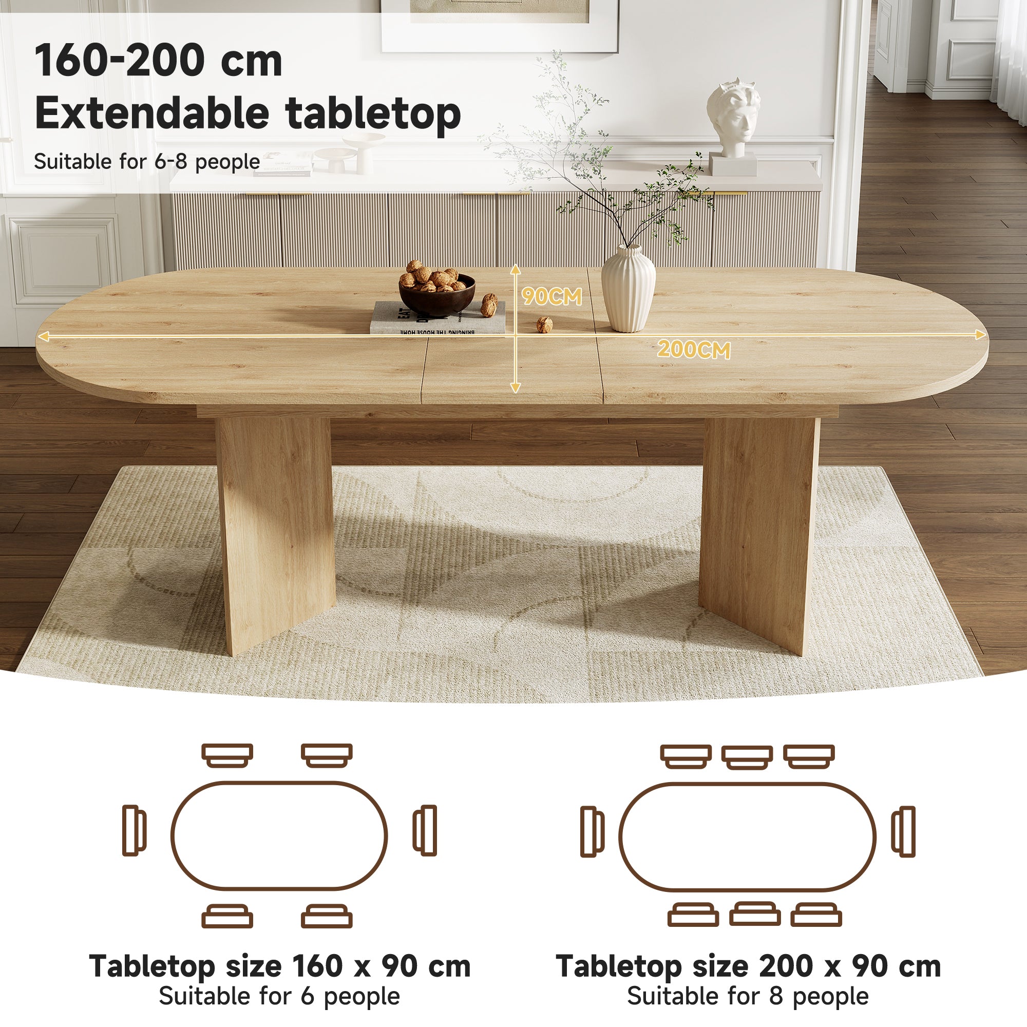Extendable Oak Dining Table 160-200 x 90cm - Seats 6-8