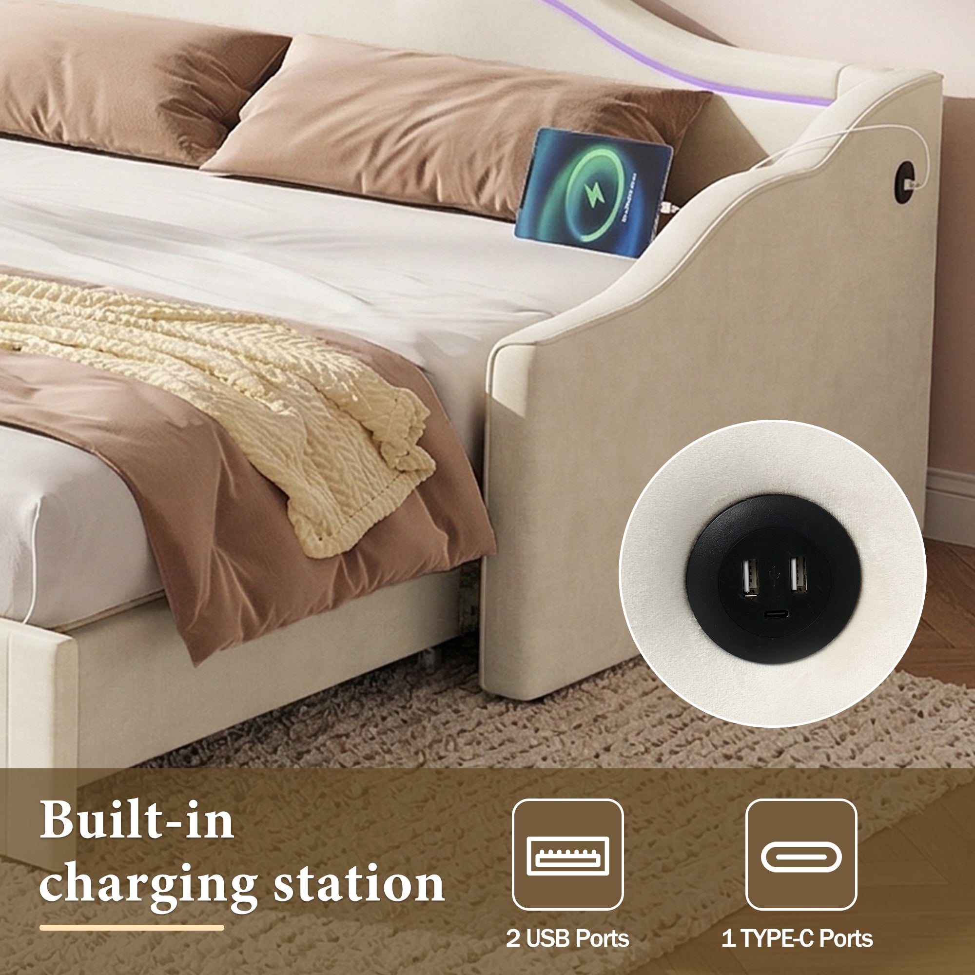 Extendable Velvet Sofa Bed – Single to Double (90→180cm) with LED Lights & USB, Beige