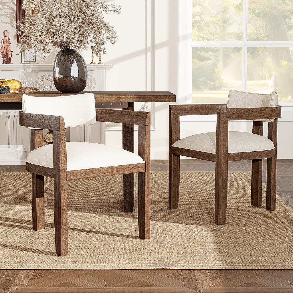 Walnut Linen Dining Chairs Set of 6 – Armrest Comfort & Solid Wood Frame