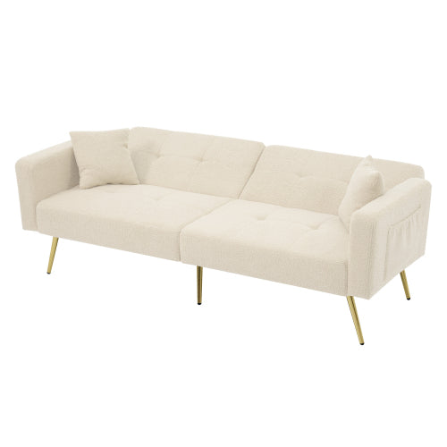 Sherpa 2‑Seater Sofa Bed with 3‑Angle Adjustable Backrest, Gold‑Tone Legs + Side Storage Pockets (Beige/White/Green)