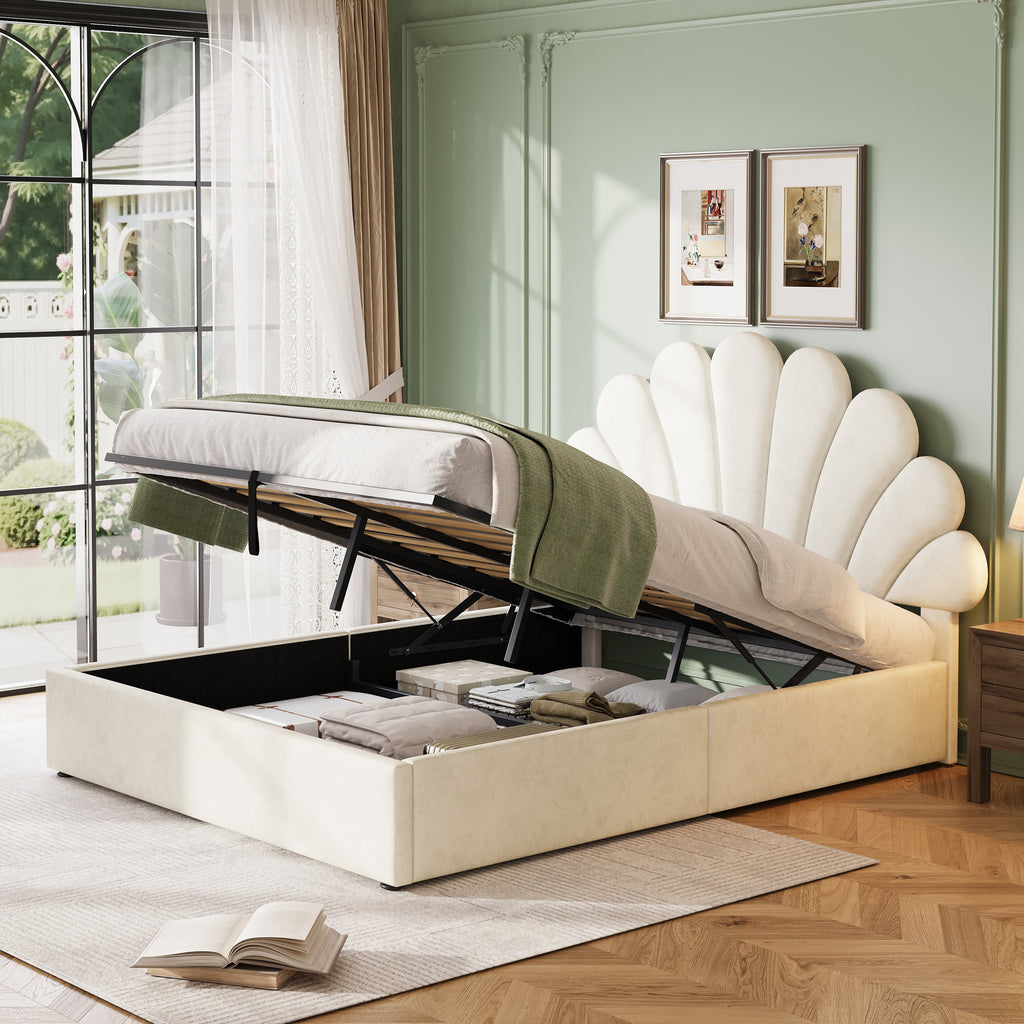 4ft6 Velvet Petal Bed Frame – Hydraulic Storage + Adjustable Headboard, Beige