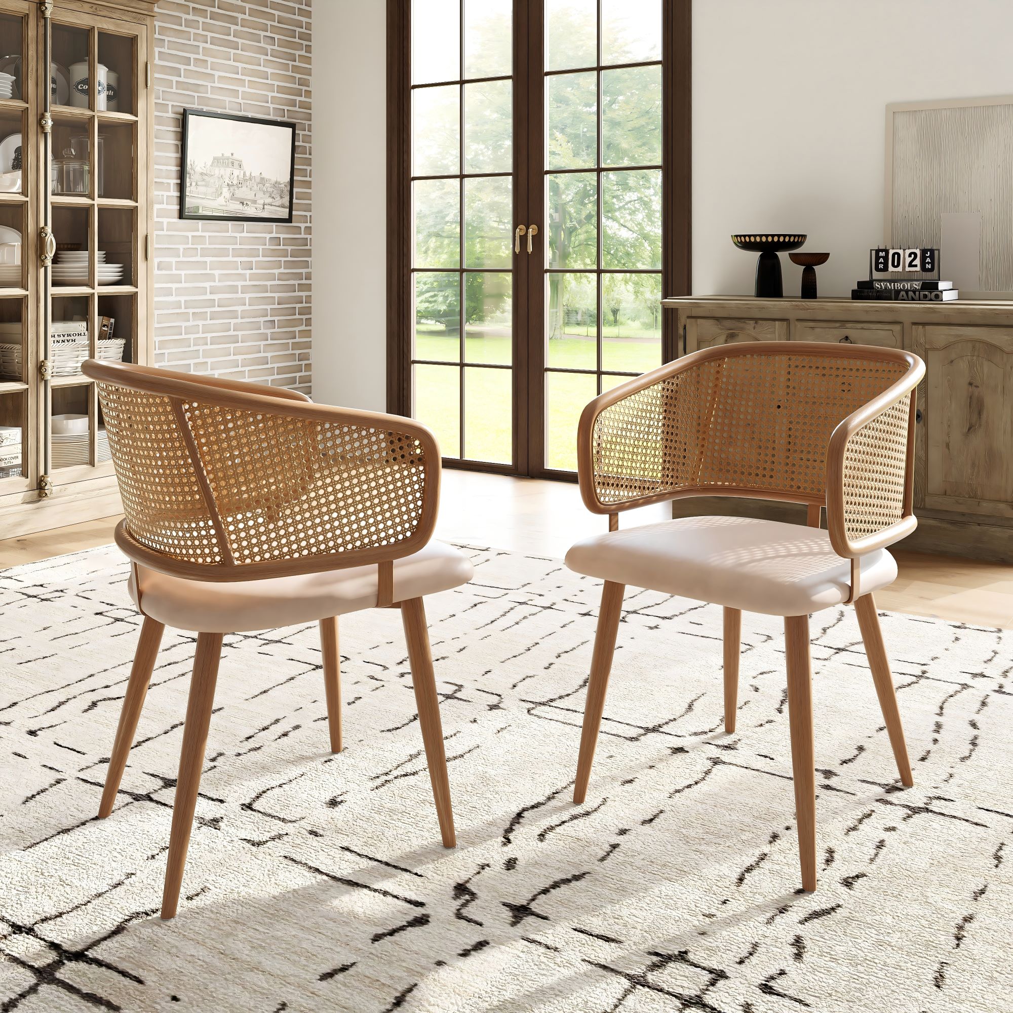 Modern Dining Chairs 2 Pcs With Rattan Backrest & PU Leather Seat, Breathable And Comfortable Dining Chairs For Restaurant, Living Room, Caf , Contemporary Simple Style, Beige