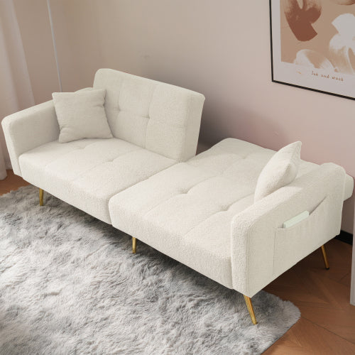 Sherpa 2‑Seater Sofa Bed with 3‑Angle Adjustable Backrest, Gold‑Tone Legs + Side Storage Pockets (Beige/White/Green)