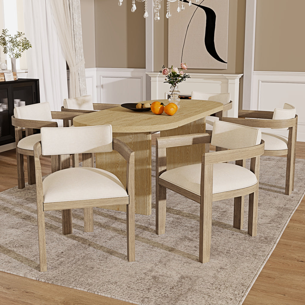 Natural Linen Dining Chairs Set of 6 – Armrest Comfort & Solid Wood