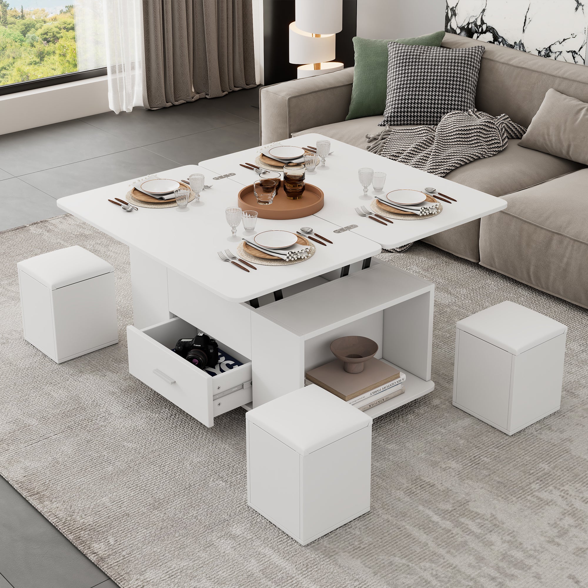 Lift Top Coffee Table with 4 Stools & Storage – White (Convertible)