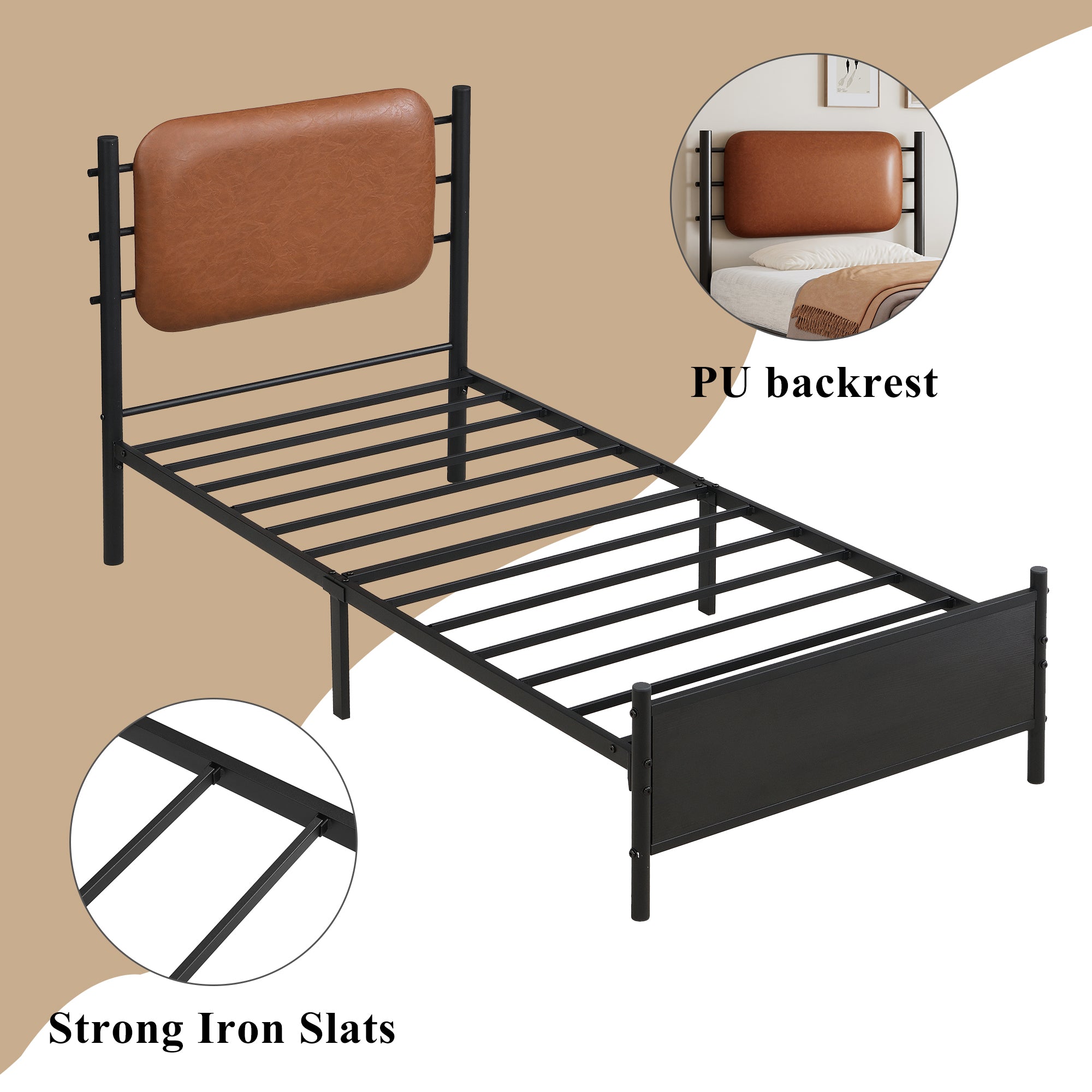 3ft Single Metal Bed Frame with PU Headboard – Black, 90×190cm