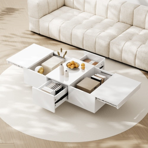 High‑Gloss Coffee Table with Hidden Push‑Pull Drawers – White 100×50×31cm