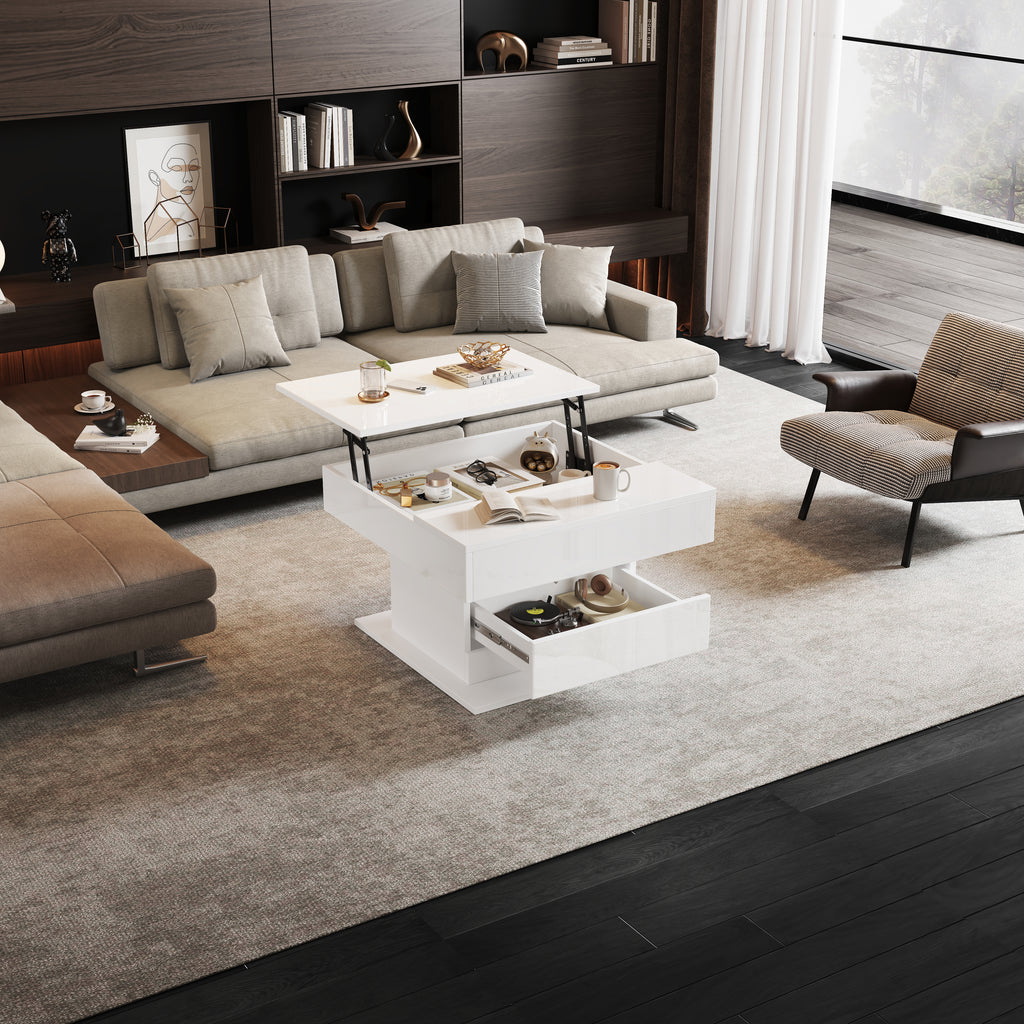 360° Rotating Lift Top Coffee Table – High Gloss White (70x70cm)
