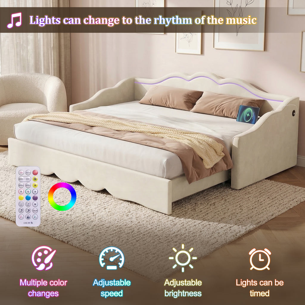 Extendable Velvet Sofa Bed – Single to Double (90→180cm) with LED Lights & USB, Beige