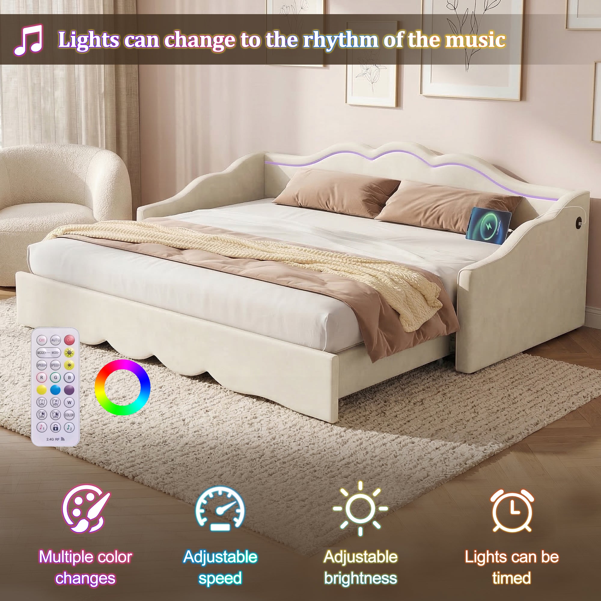 Extendable Velvet Sofa Bed – Single to Double (90→180cm) with LED Lights & USB, Beige