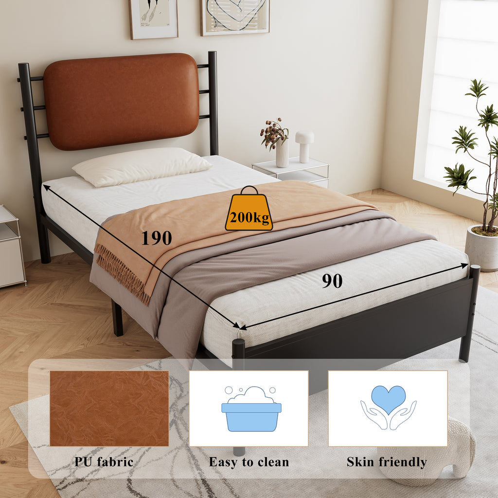 3ft Single Metal Bed Frame with PU Headboard – Black, 90×190cm