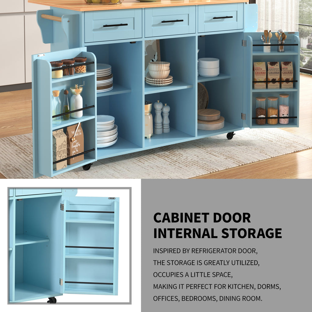 Rolling Kitchen Island 139cm with Drop‑Leaf & 3 Drawers – Blue/White